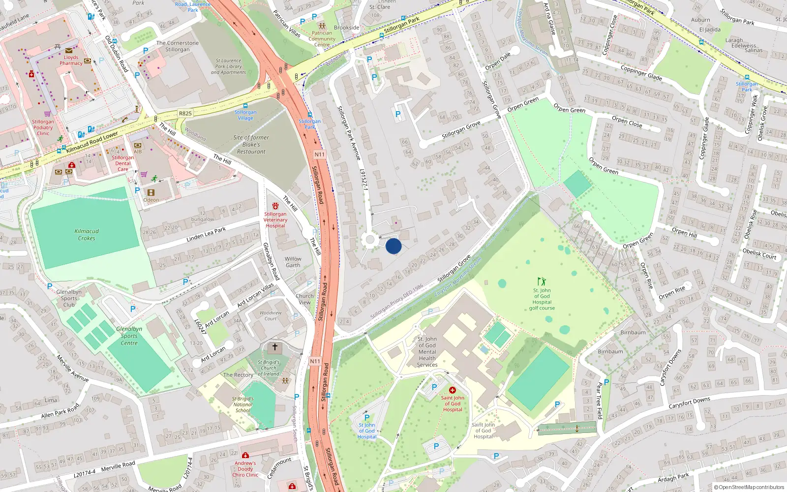 Overhead map showing the location of 18 Stillorgan Park Avenue, Blackrock