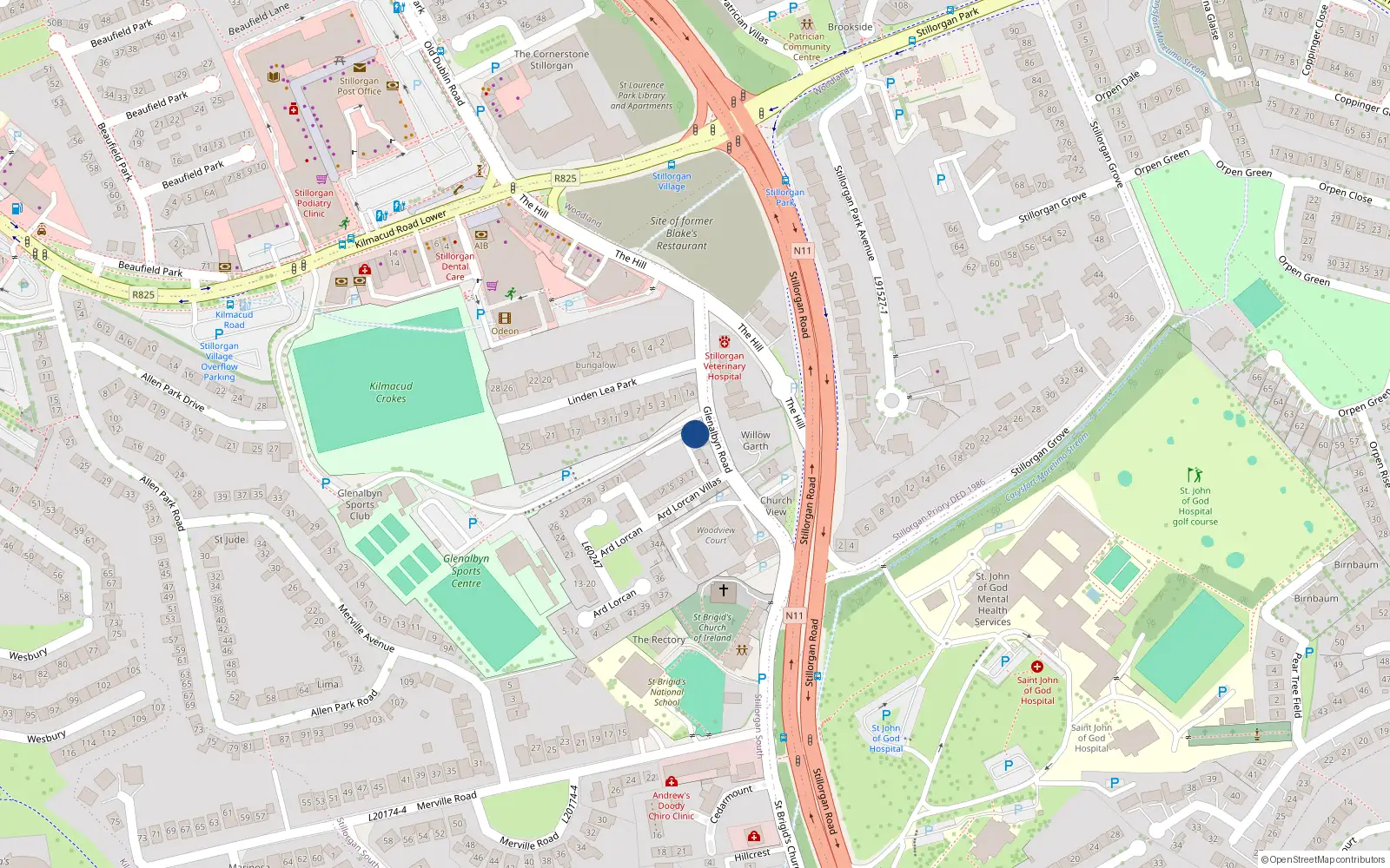 Overhead map showing the location of 2 Glenalbyn Road, Stillorgan