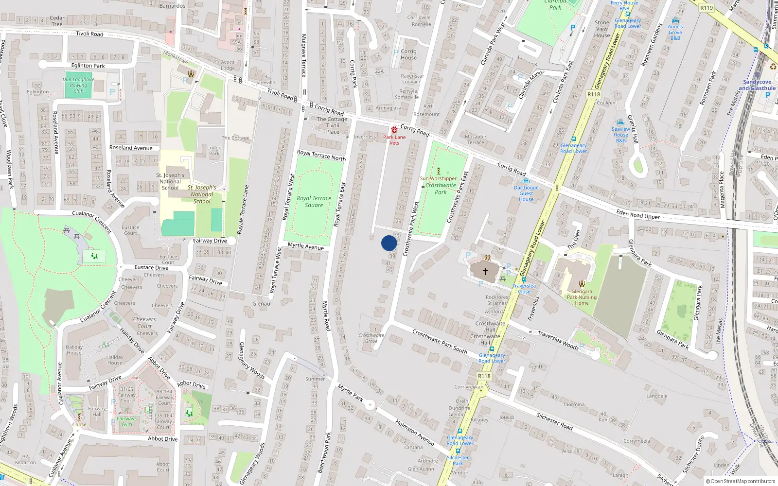 Overhead map showing the location of 37 Crosthwaite Terrace, Dun Laoghaire