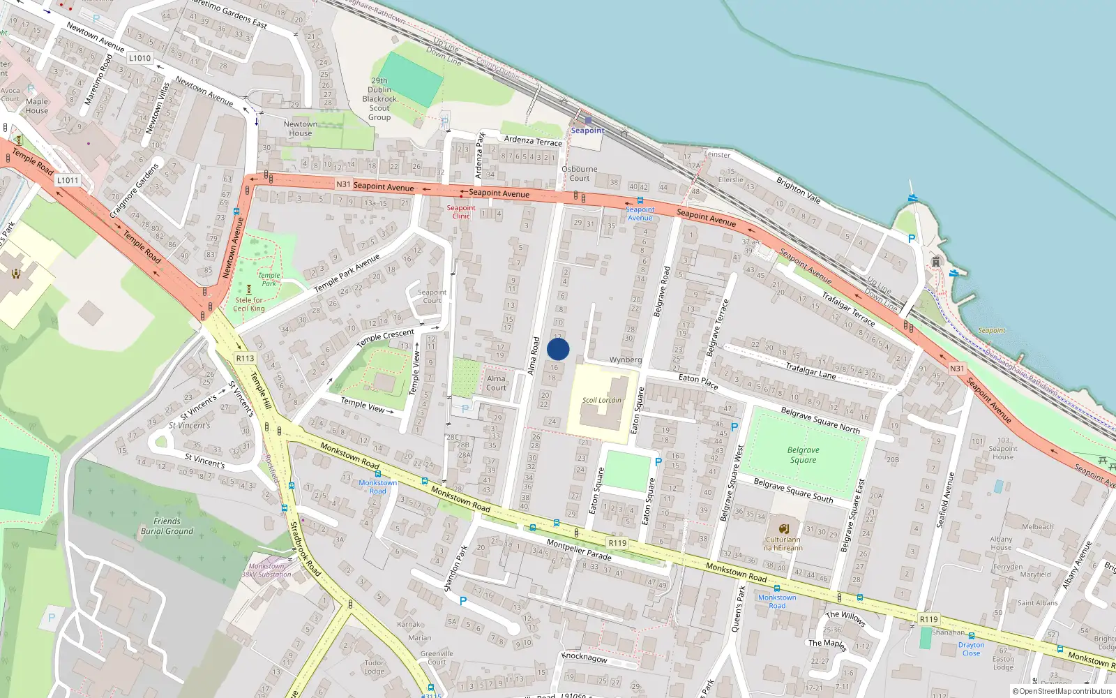 Overhead map showing the location of 14 Alma Road, Blackrock