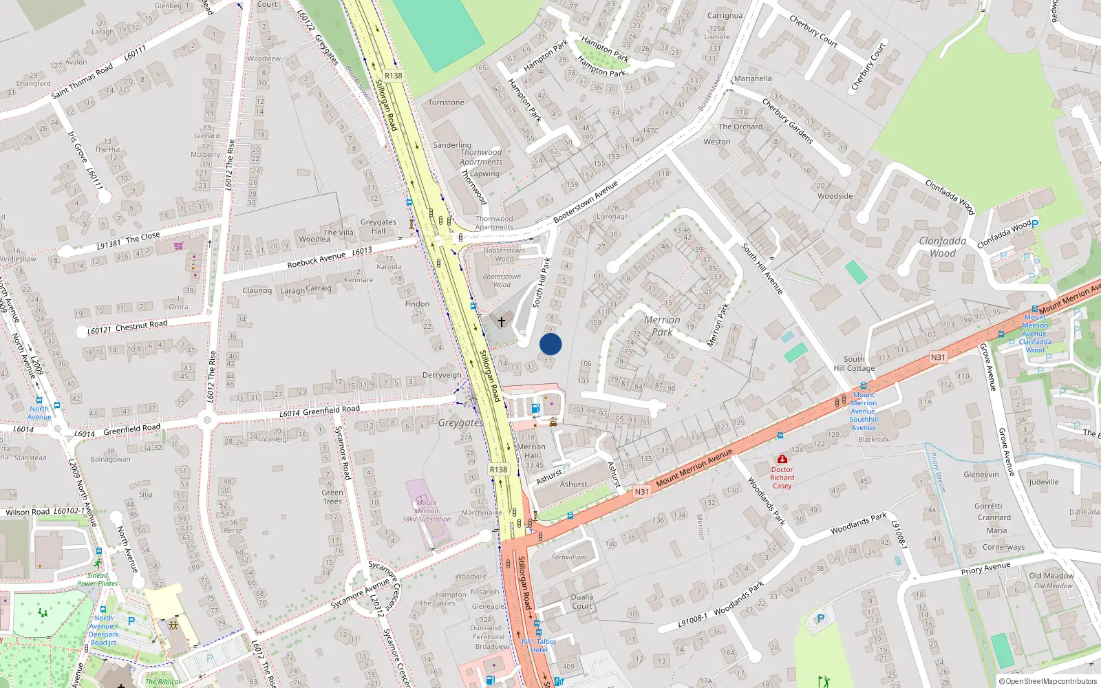 Overhead map showing the location of 10 South Hill Park, Blackrock