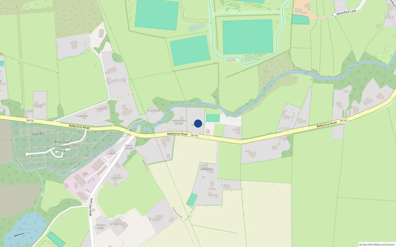 Overhead map showing the location of Ballycorus Road, Kilternan