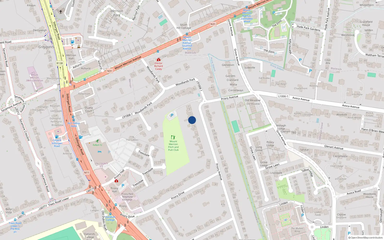 Overhead map showing the location of Ashleigh, 15 Priory Avenue, Blackrock