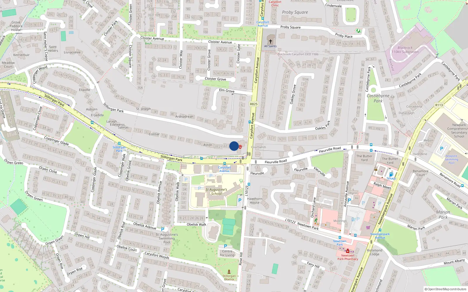 Overhead map showing the location of Stillorgan Park, Dublin, Co. Dublin