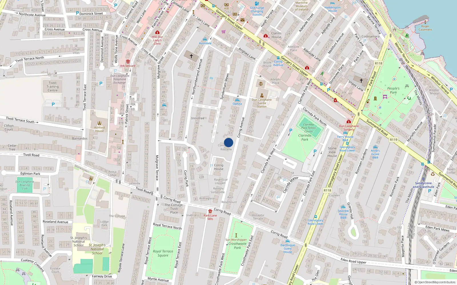 Overhead map showing the location of Corrig Avenue, Dun Laoghaire