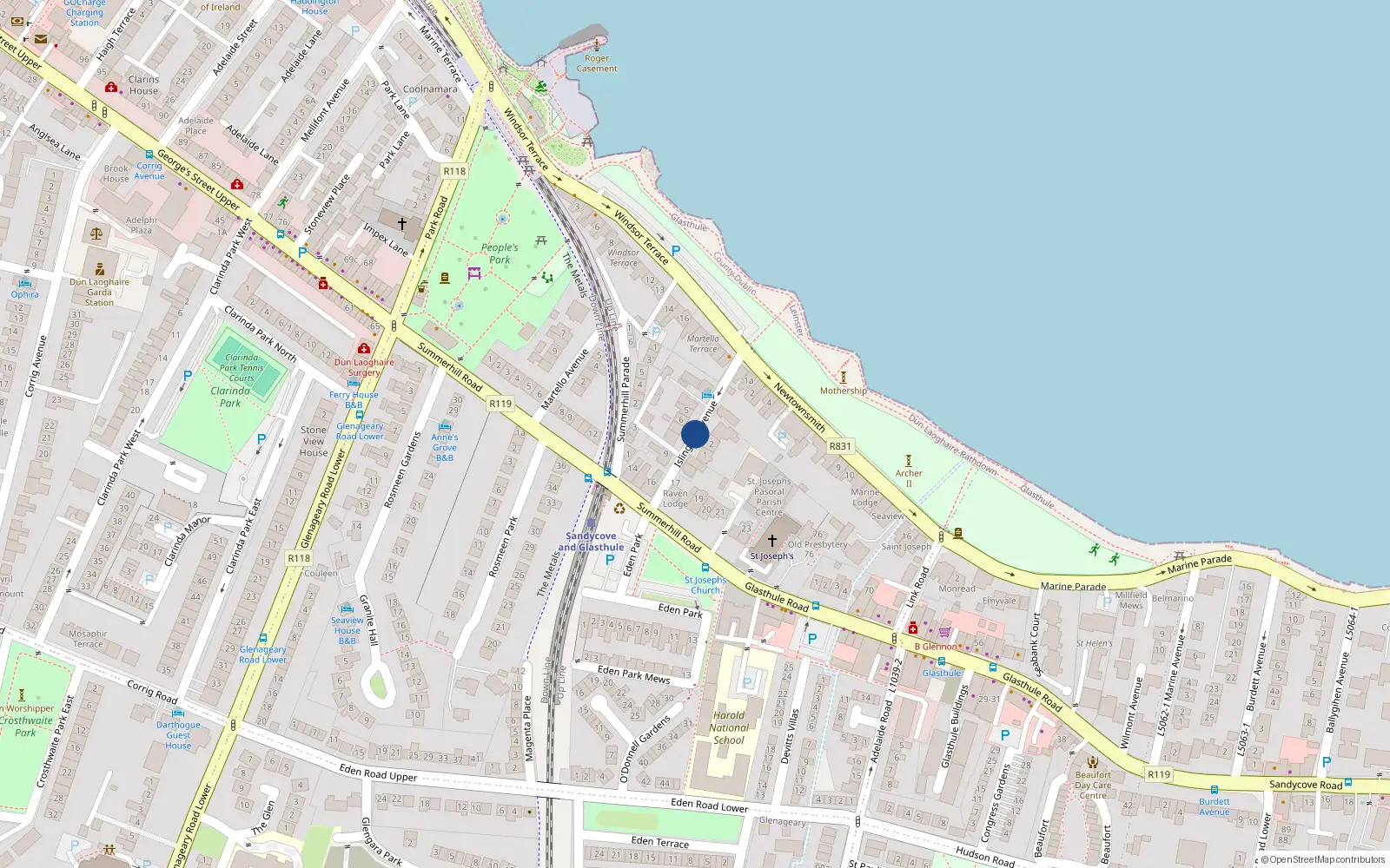 Overhead map showing the location of Islington Avenue, Sandycove