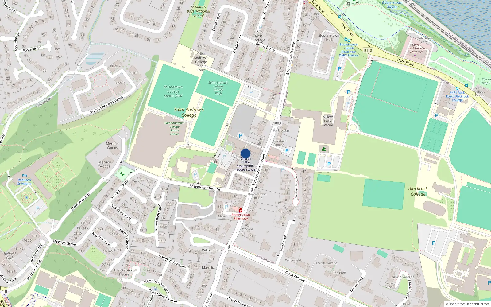Overhead map showing the location of Booterstown Avenue, Booterstown