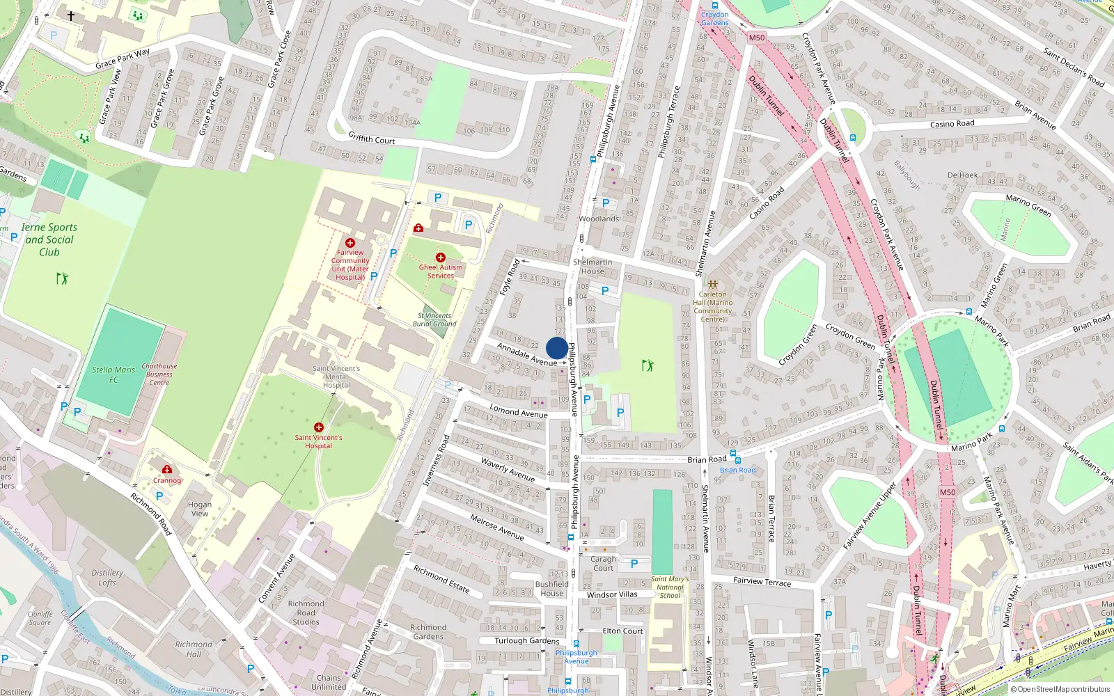 Overhead map showing the location of 121 Philipsburgh Avenue, Dublin 3