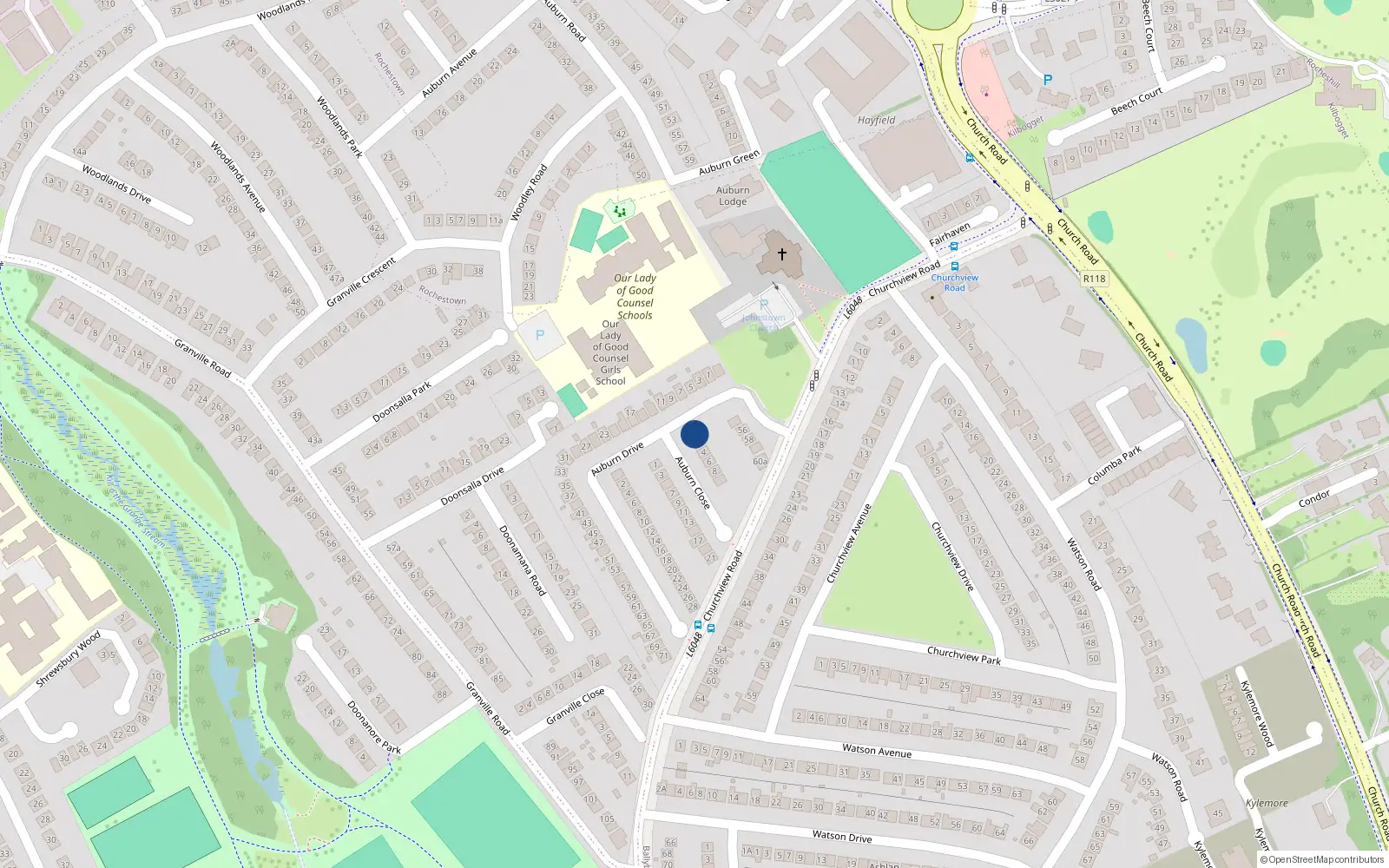 Overhead map showing the location of Avalon, 2A Auburn Close, Killiney