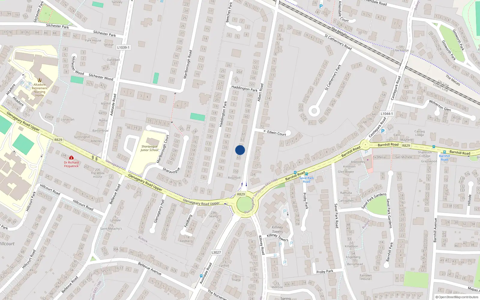 Overhead map showing the location of 64 Albert Road Upper, Glenageary