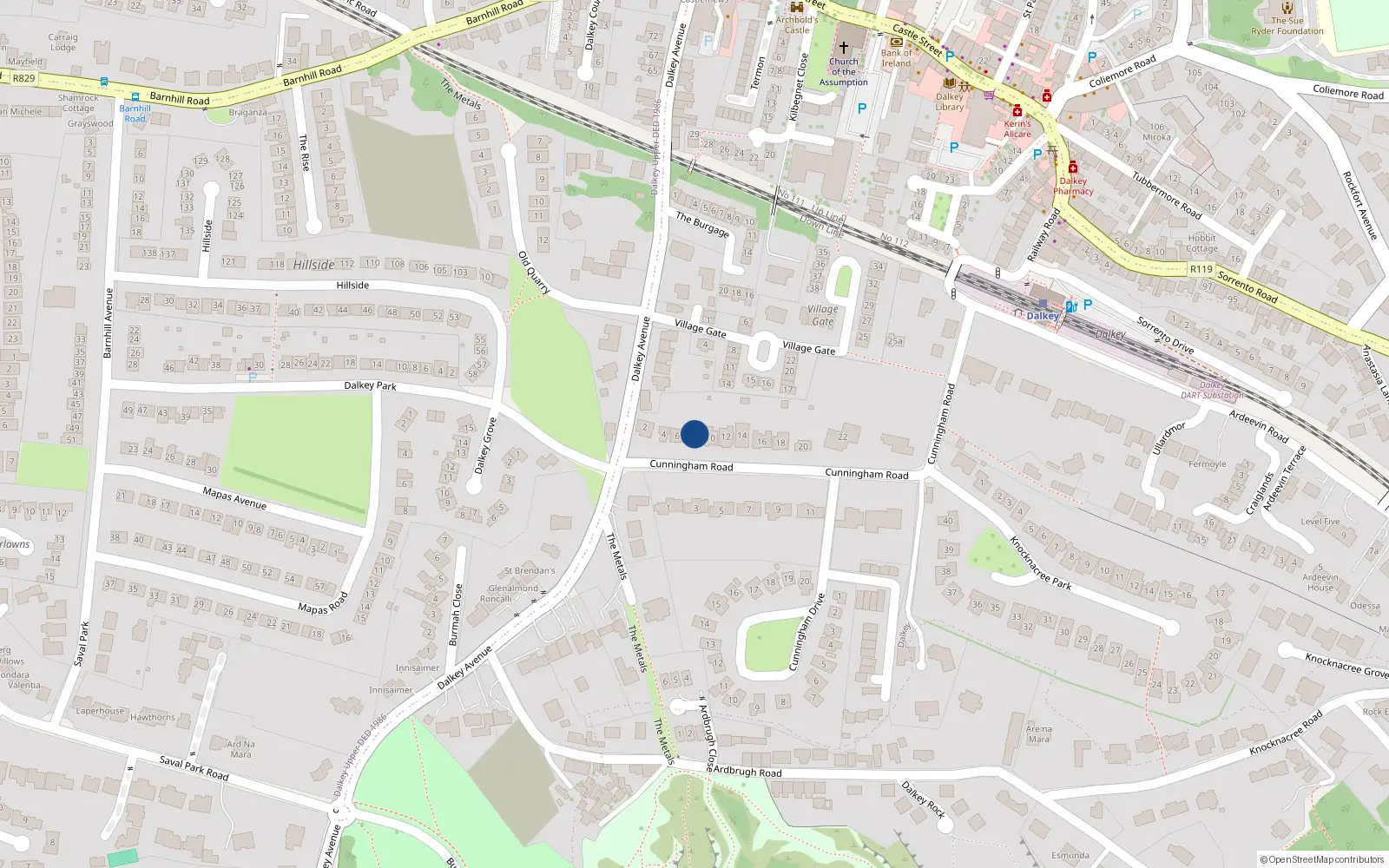 Overhead map showing the location of 8 Cunningham Road, Dalkey
