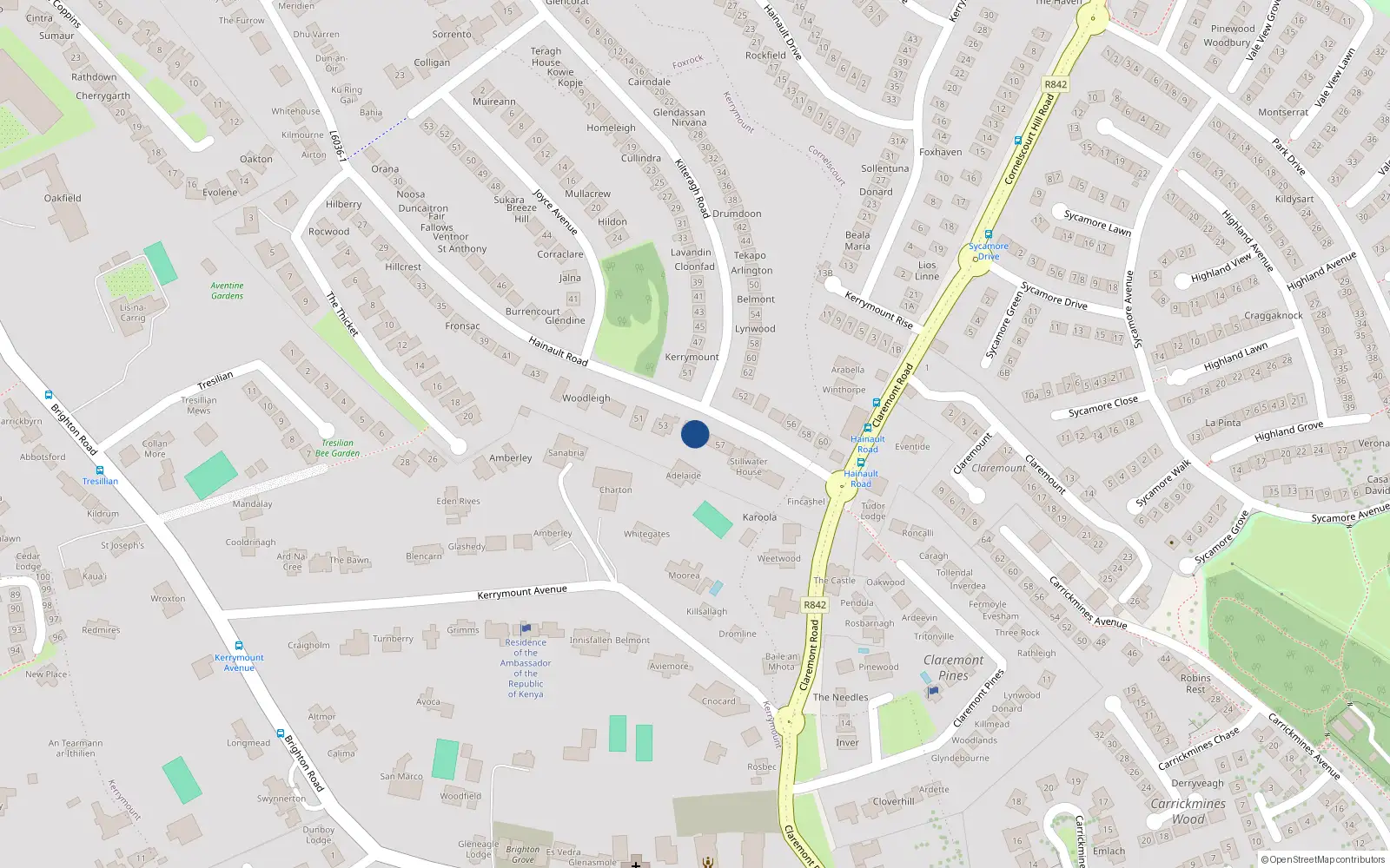 Overhead map showing the location of 55 Hainault Road, Dublin 18