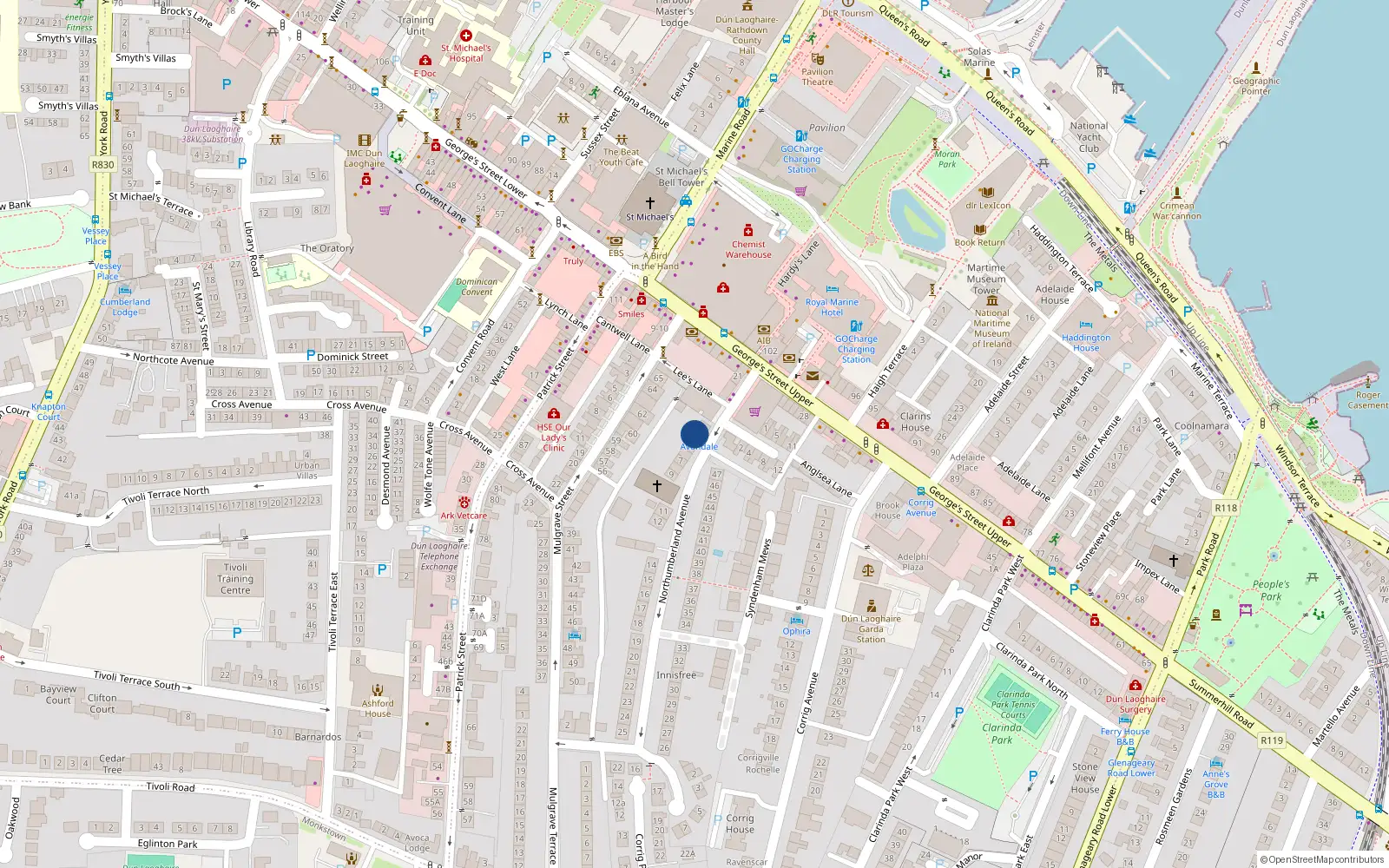 Overhead map showing the location of Avondale House, 3 Northumberland Avenue, Dun Laoghaire