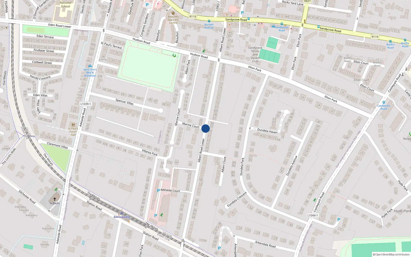 Overhead map showing the location of Albert Road Lower, Sandycove