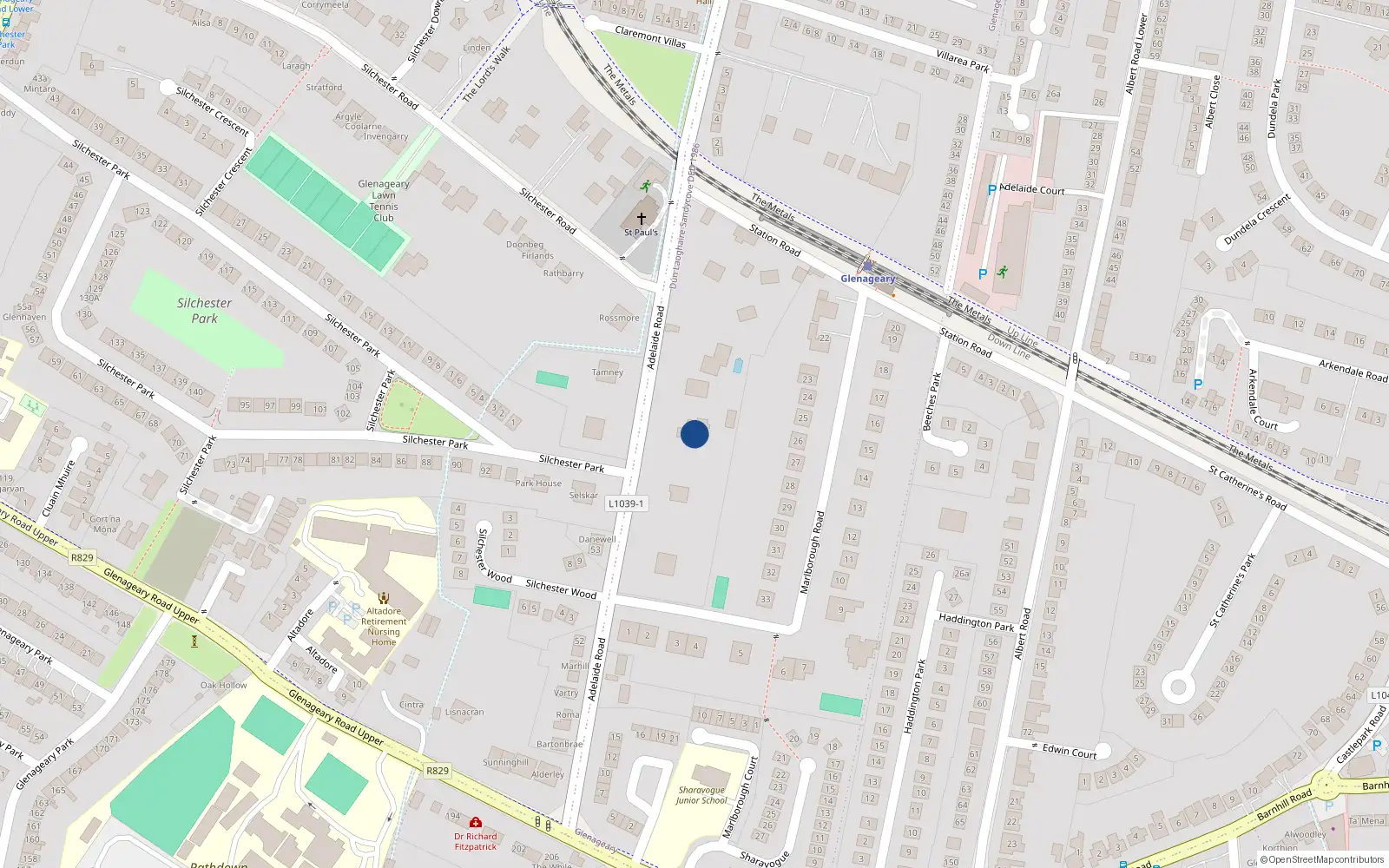 Overhead map showing the location of Adelaide Road, Glenageary