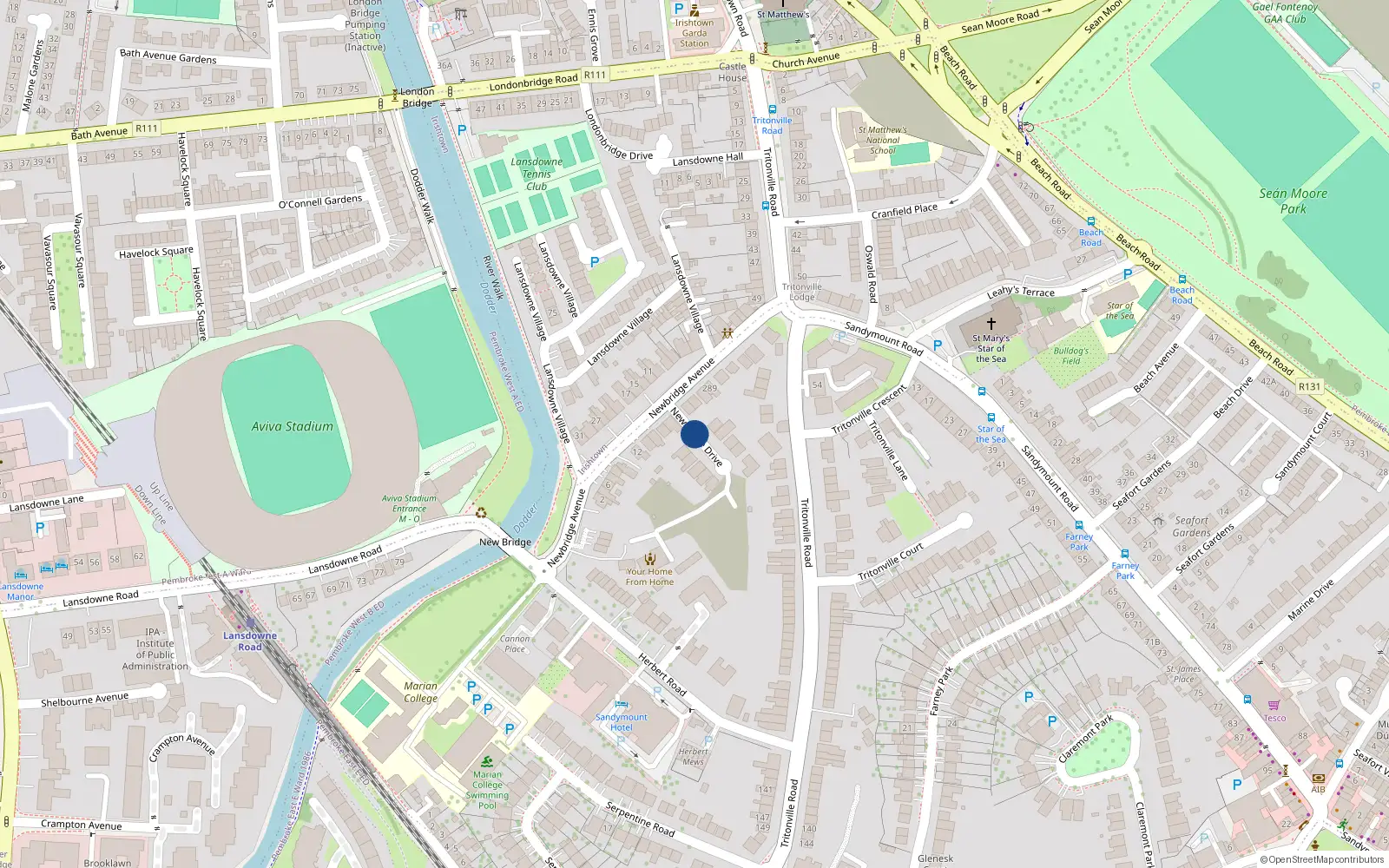 Overhead map showing the location of Newbridge Drive, Sandymount