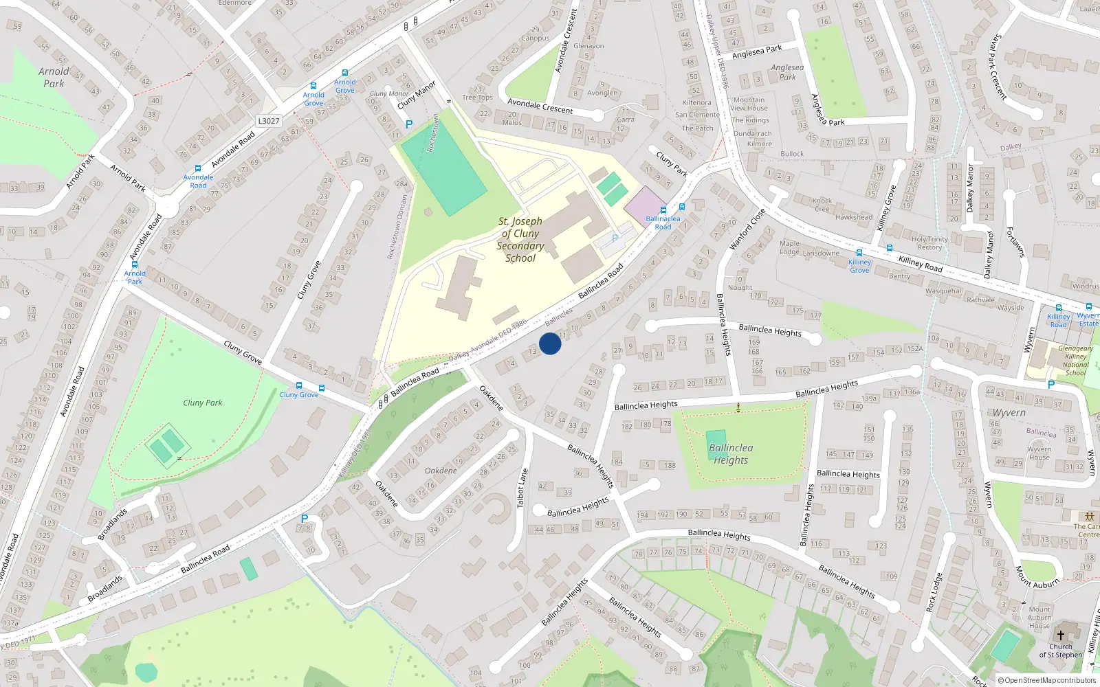 Overhead map showing the location of 12 Ballinclea Road, Killiney