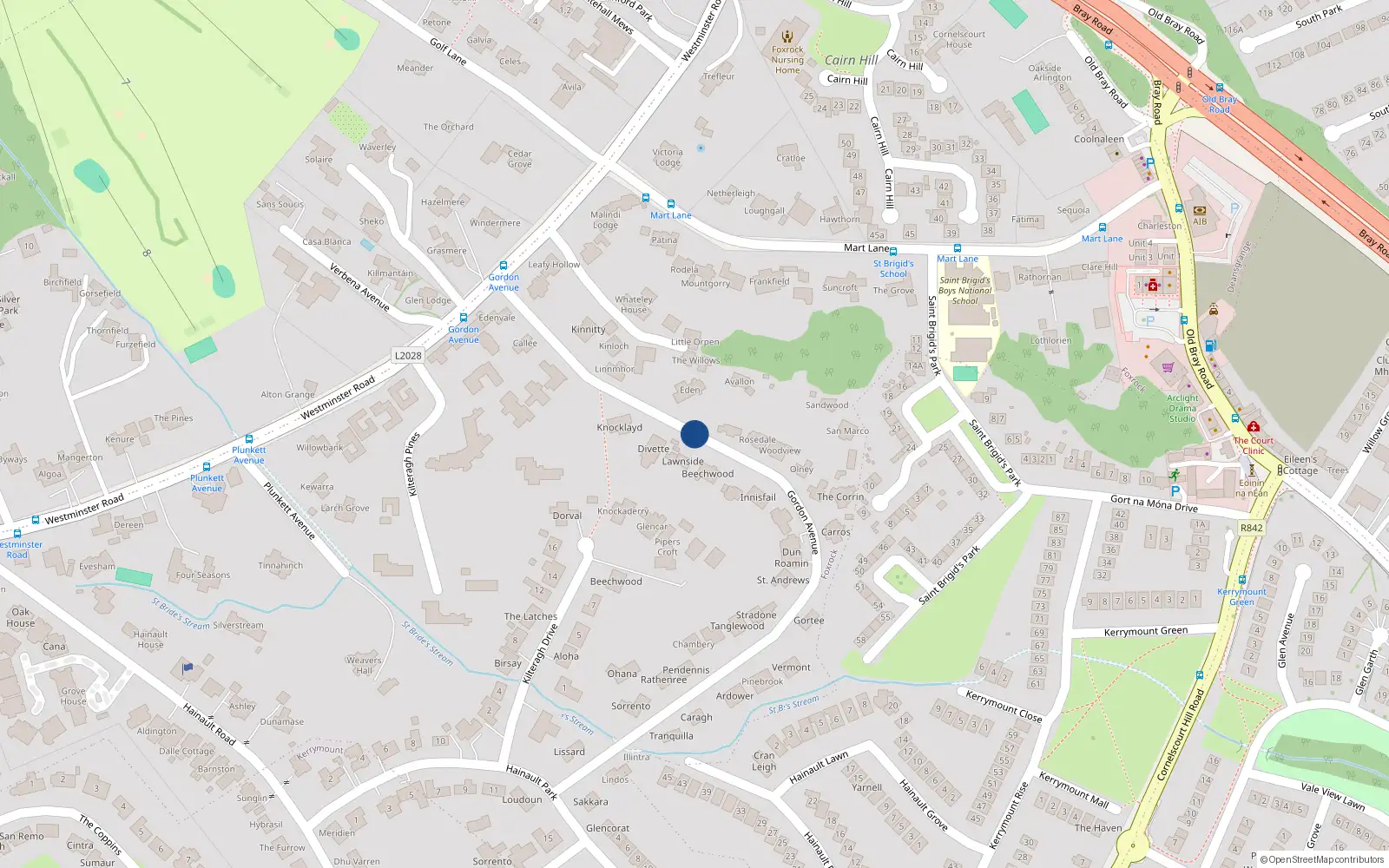 Overhead map showing the location of Gordon Avenue, Foxrock