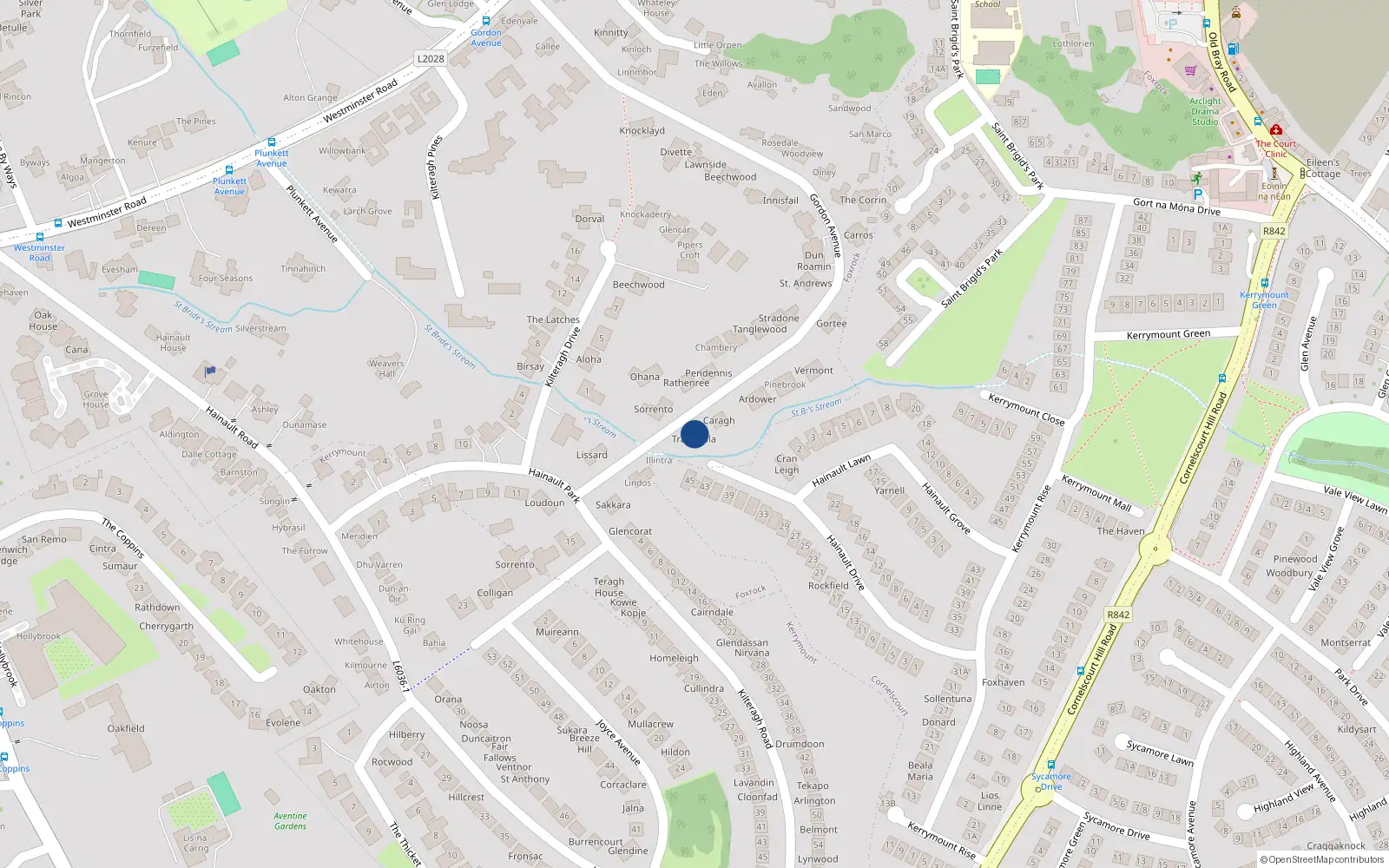 Overhead map showing the location of Gordon Avenue, Dublin 18