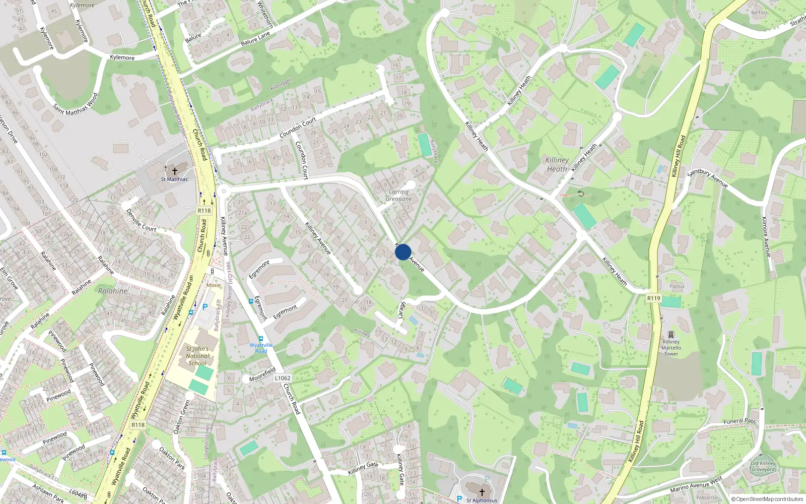 Overhead map showing the location of Killiney Avenue, Killiney
