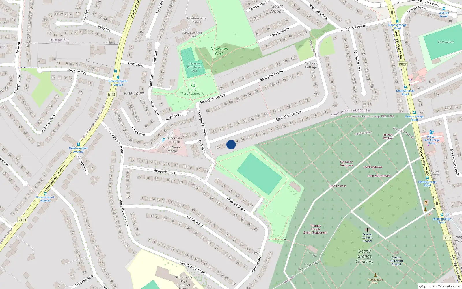 Overhead map showing the location of 43 Springhill Avenue, Blackrock