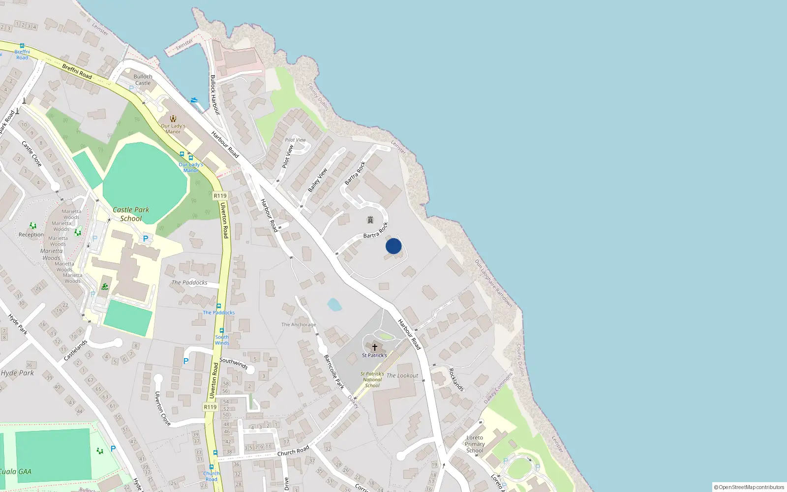Overhead map showing the location of Harbour Road, Dalkey