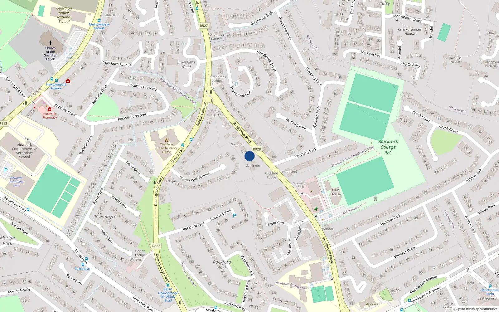 Overhead map showing the location of Stradbrook Road, Blackrock