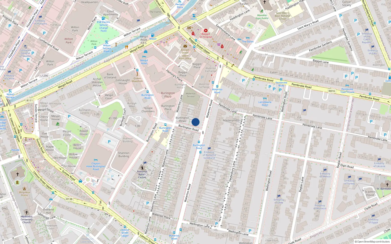 Overhead map showing the location of 17 Waterloo Road, Ballsbridge