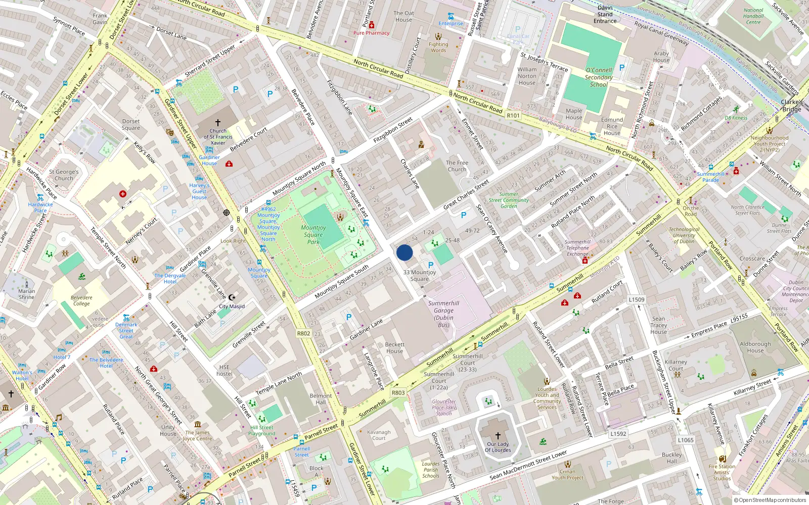 Overhead map showing the location of 5 Mountjoy Square, Dublin 1