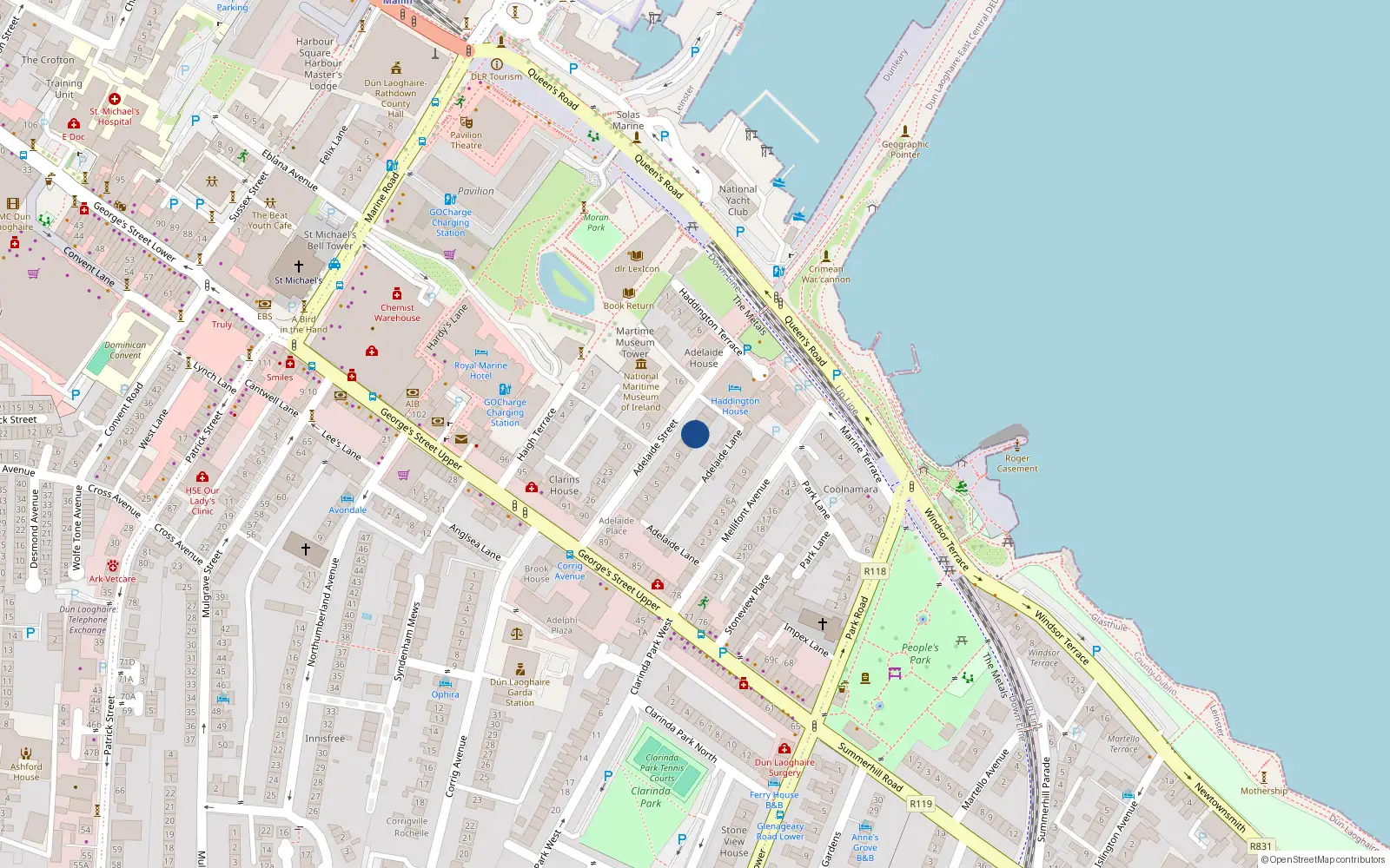 Overhead map showing the location of 12 Adelaide Street, Dun Laoghaire