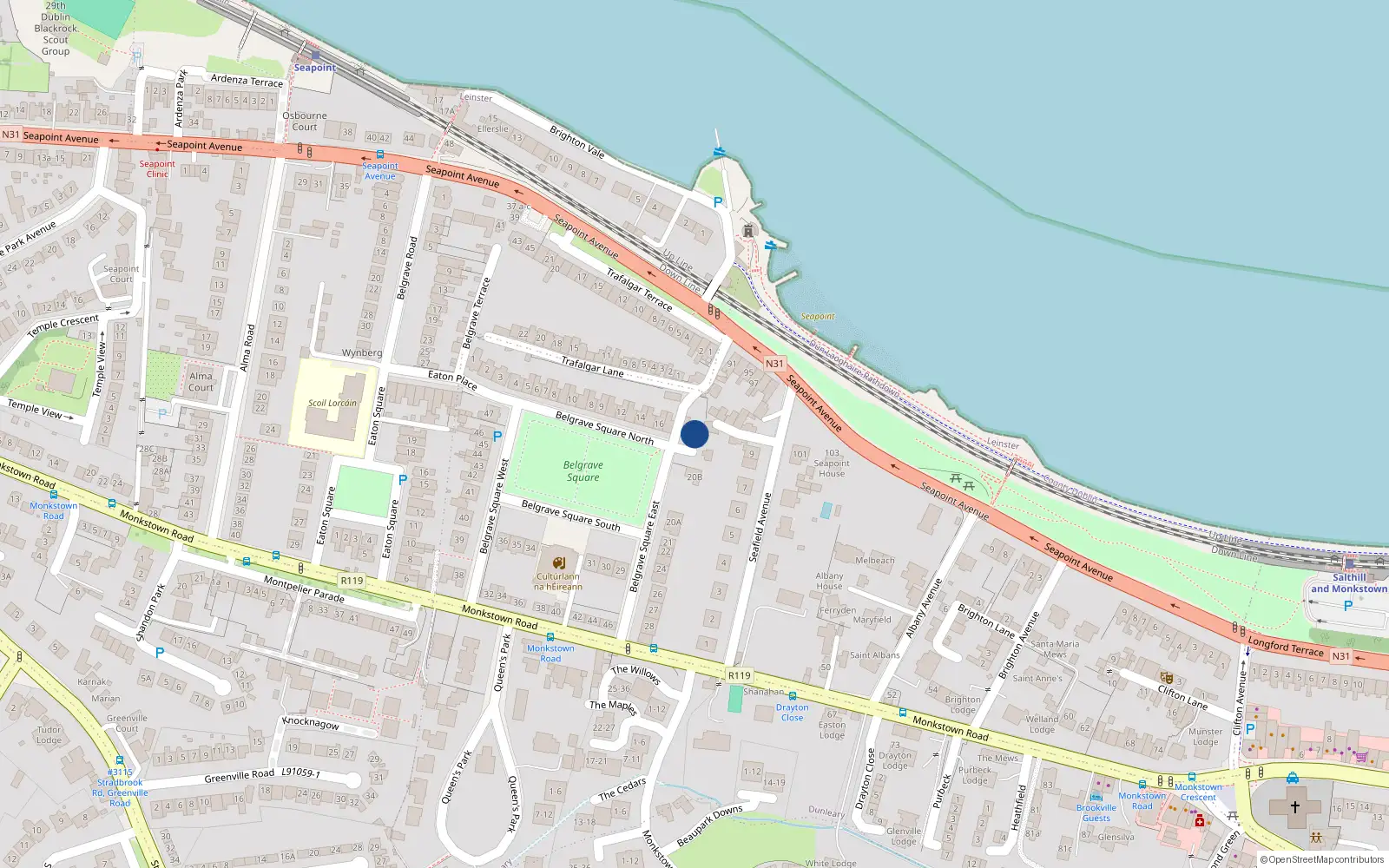 Overhead map showing the location of Basement Apt, 19 Belgrave Square, Monkstown