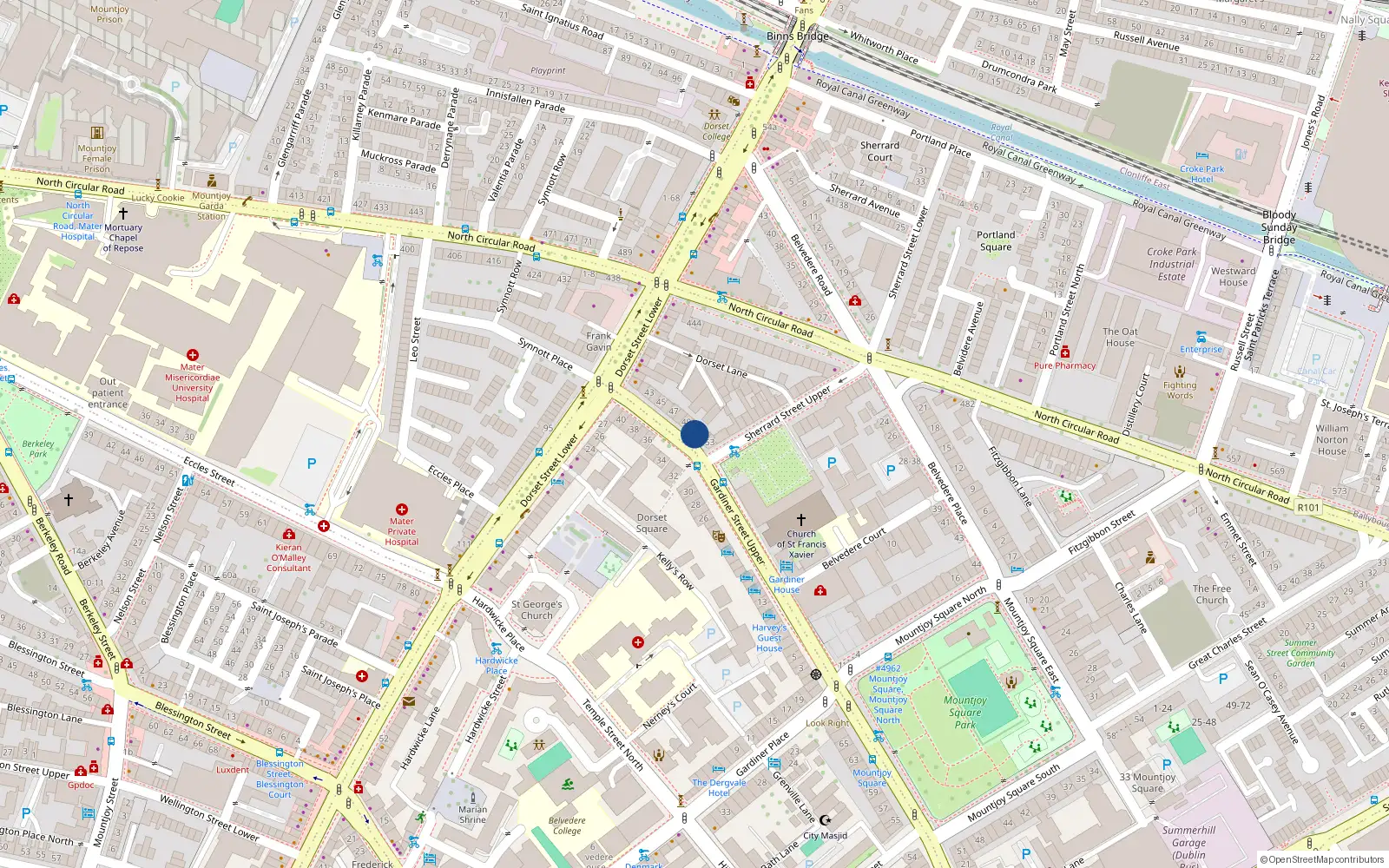 Overhead map showing the location of Basement Flat 9, 51 Gardiner St Upper, Dublin 1