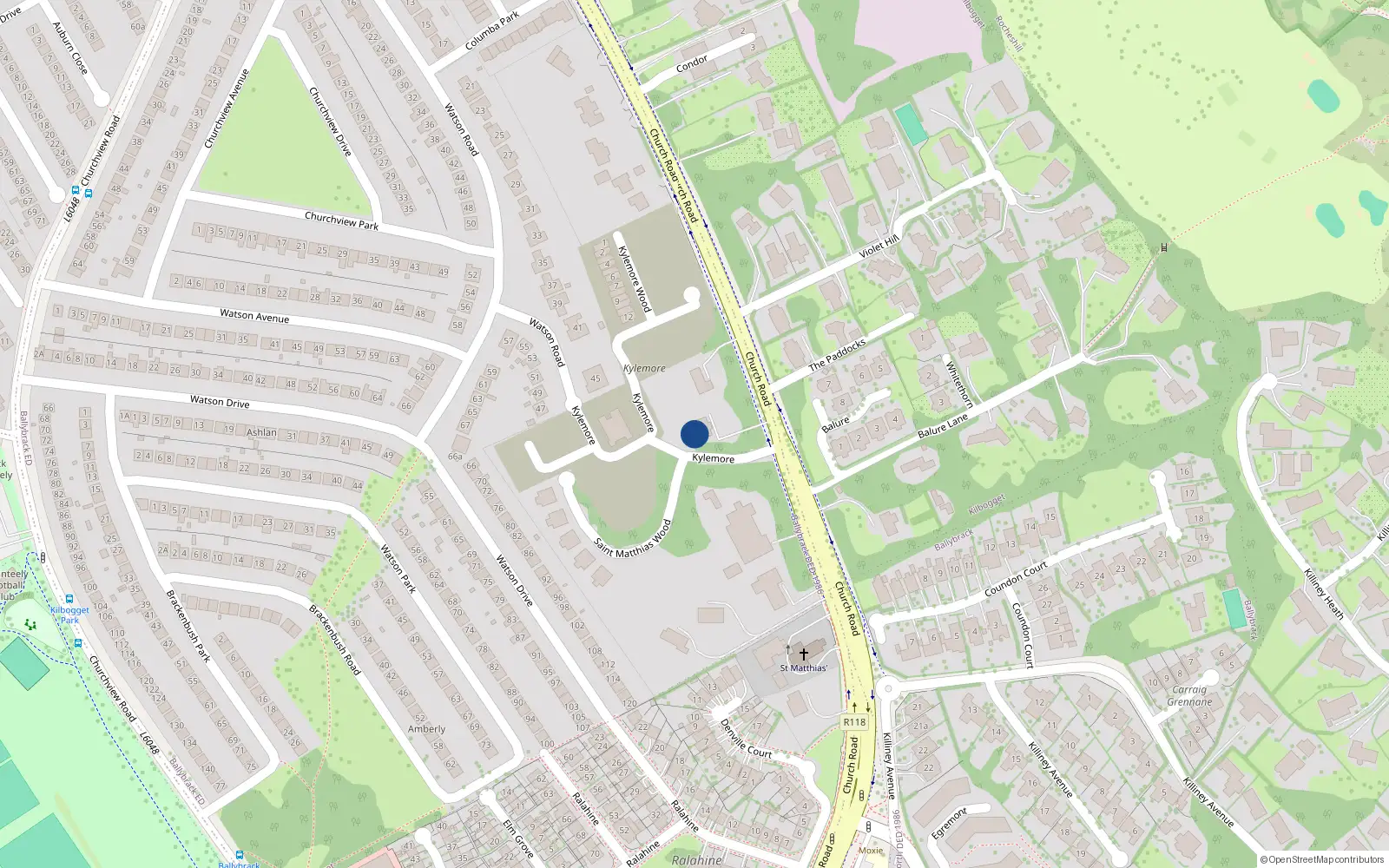 Overhead map showing the location of Church Road, Killiney