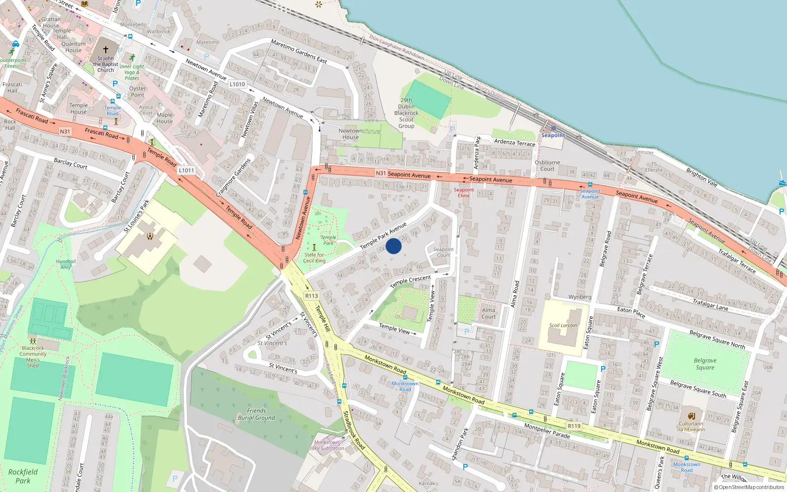 Overhead map showing the location of 22 Temple Park Avenue, Monkstown