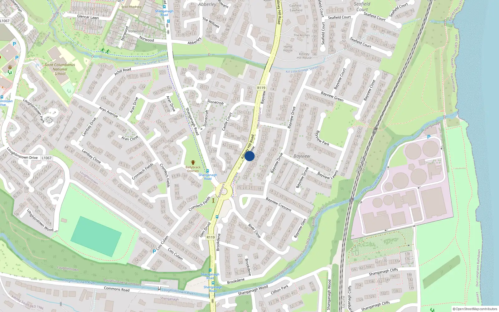 Overhead map showing the location of Bayview, Killiney