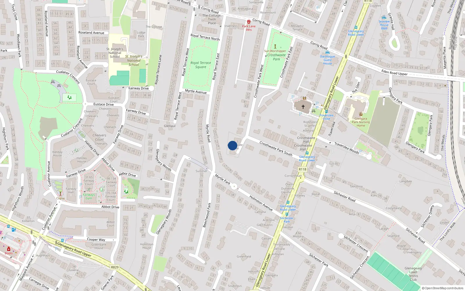 Overhead map showing the location of Beckett, 2 Crosthwaithe Grove, Dun Laoghaire