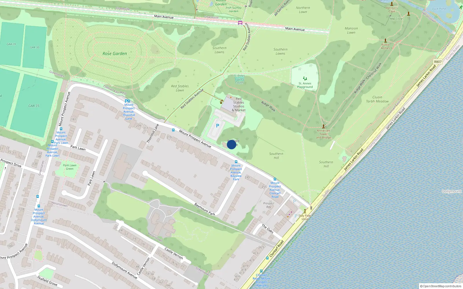 Overhead map showing the location of Bedford Lodge, Mount Prospect Avenue, Clontarf, Dublin 3, D03 P6p6