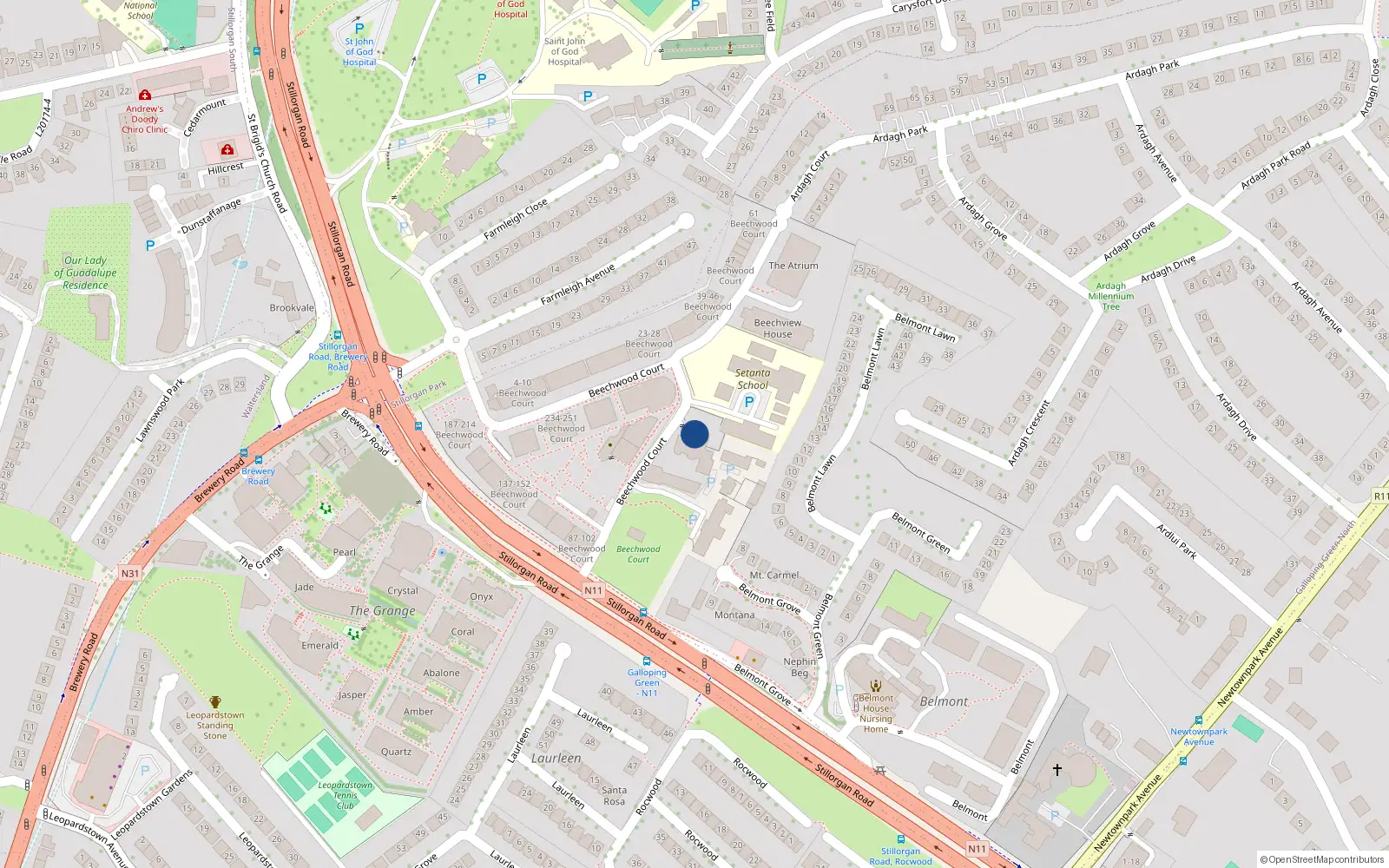 Overhead map showing the location of Stillorgan Road, Stillorgan