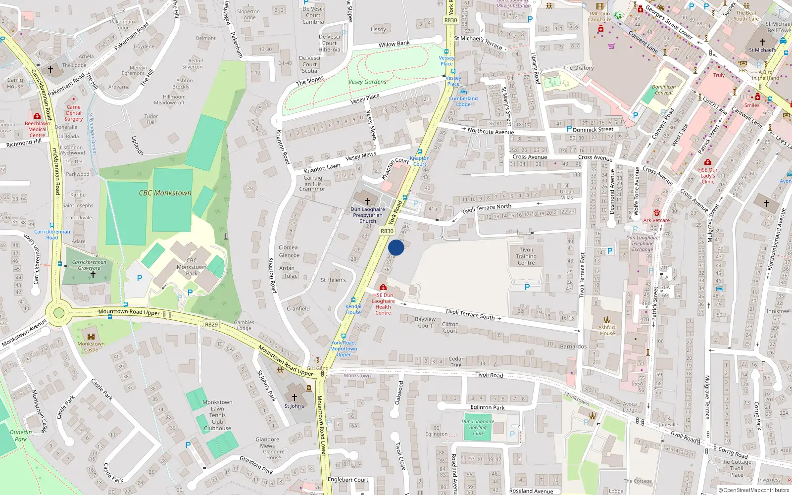 Overhead map showing the location of Belcamp, 38 Upper York Road, Dun Laoghaire