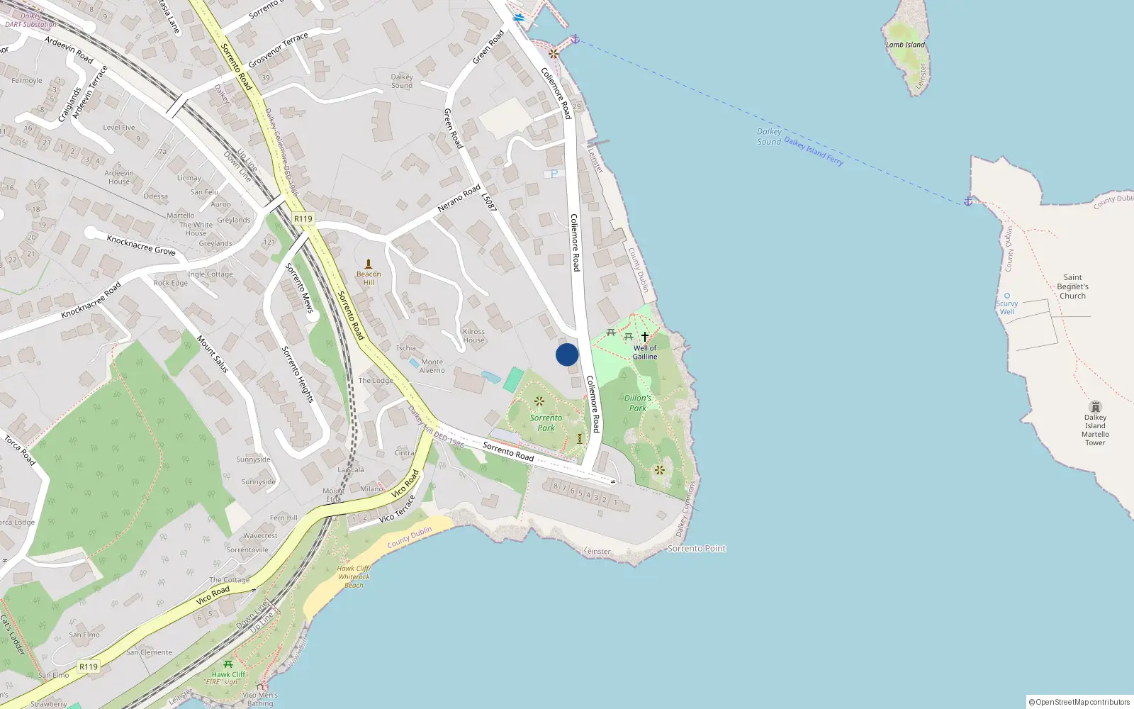 Overhead map showing the location of Coliemore Road, Dalkey