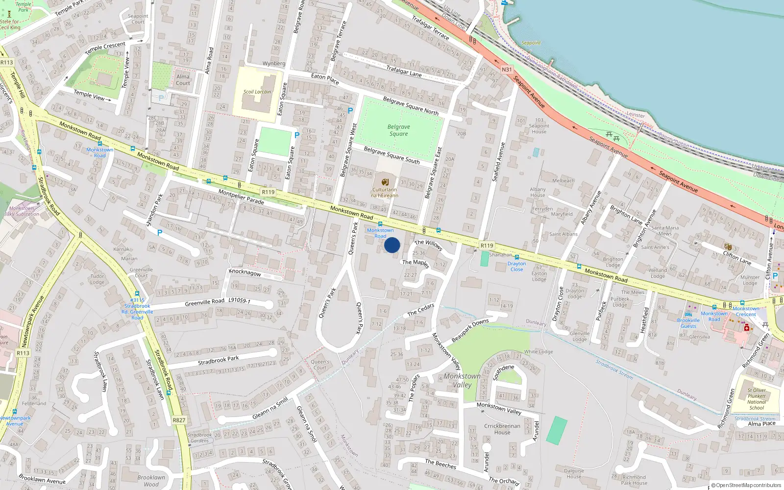 Overhead map showing the location of Belmont, 59 Monkstown Road, Blackrock