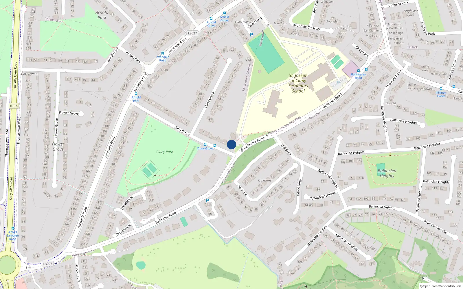 Overhead map showing the location of Ballinclea Road, Killiney