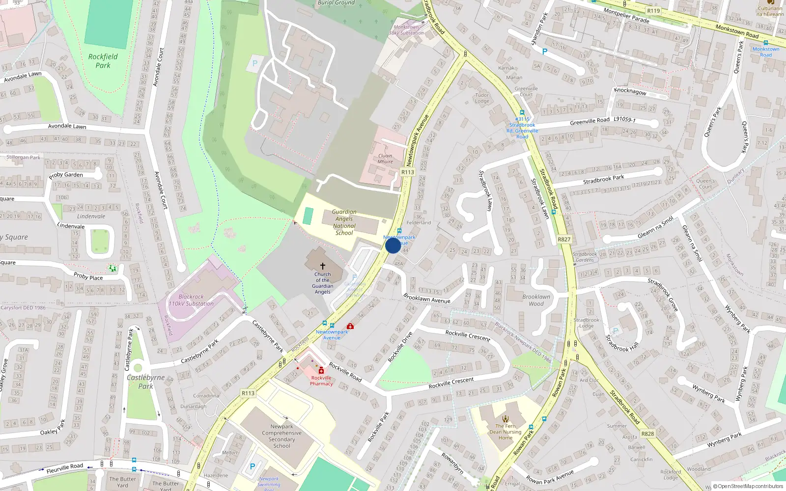 Overhead map showing the location of 46 Newtownpark Avenue, Blackrock Co. Dublin