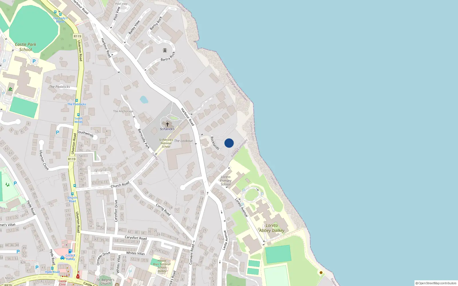 Overhead map showing the location of Bullock, Dublin, Co. Dublin