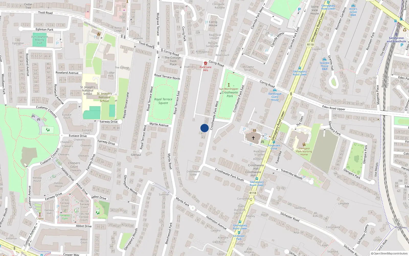 Overhead map showing the location of Crosthwaite Park West, Dun Laoghaire