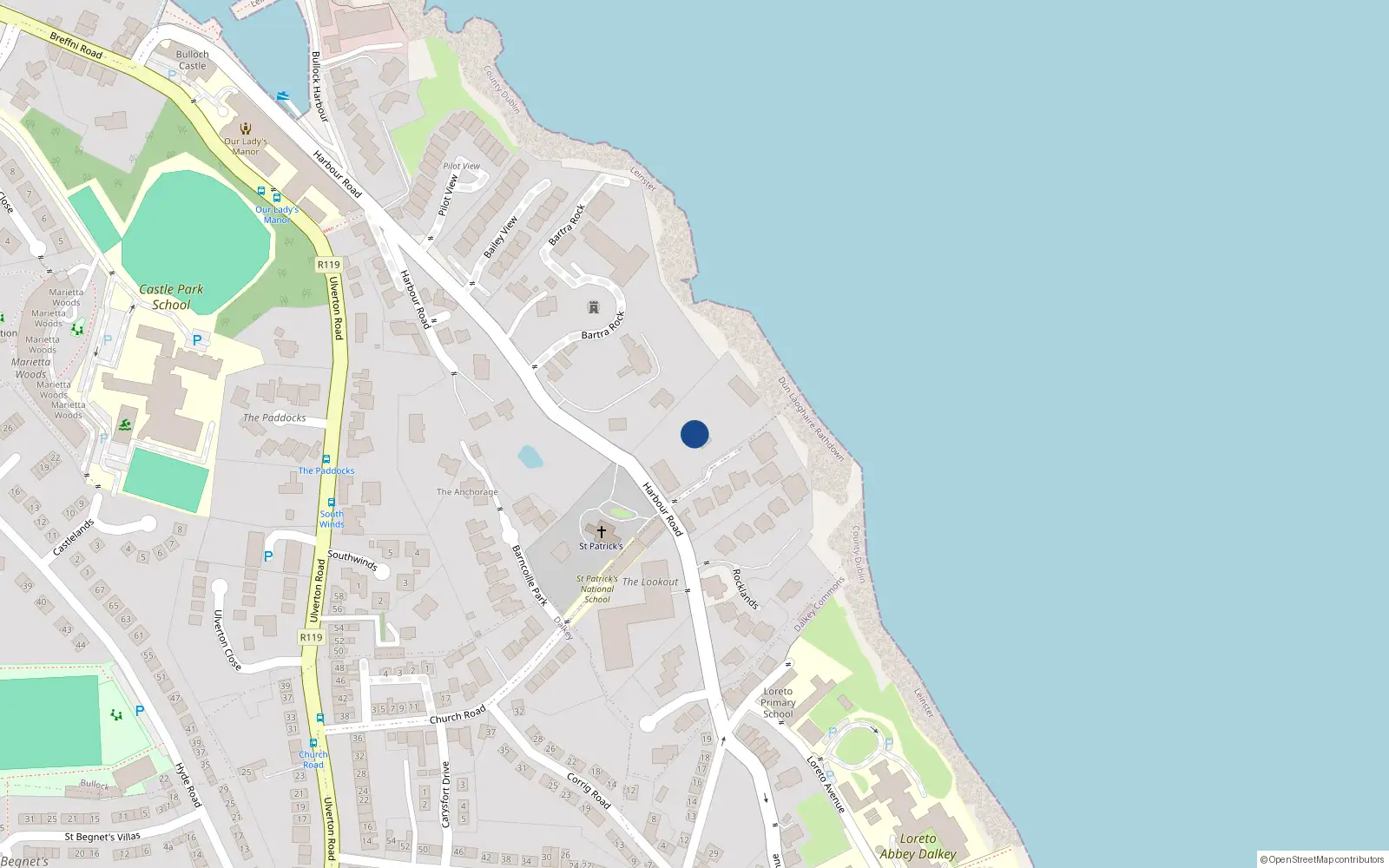 Overhead map showing the location of Harbour Road, Dalkey