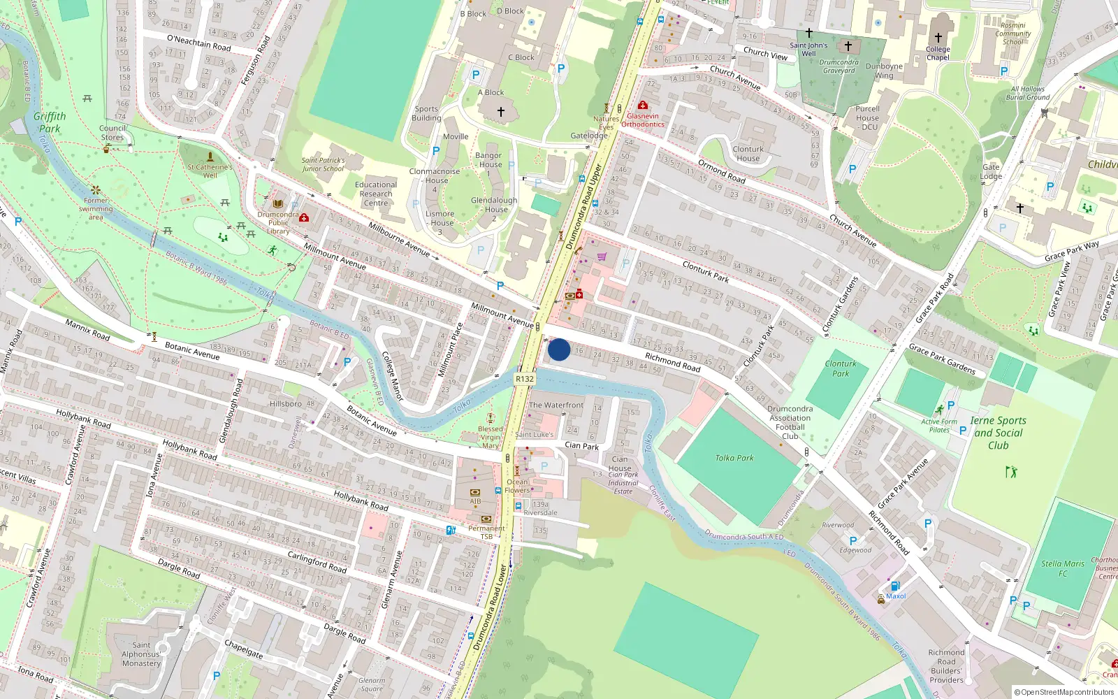 Overhead map showing the location of Block A 8, 8 Richmond Road, Dublin 3