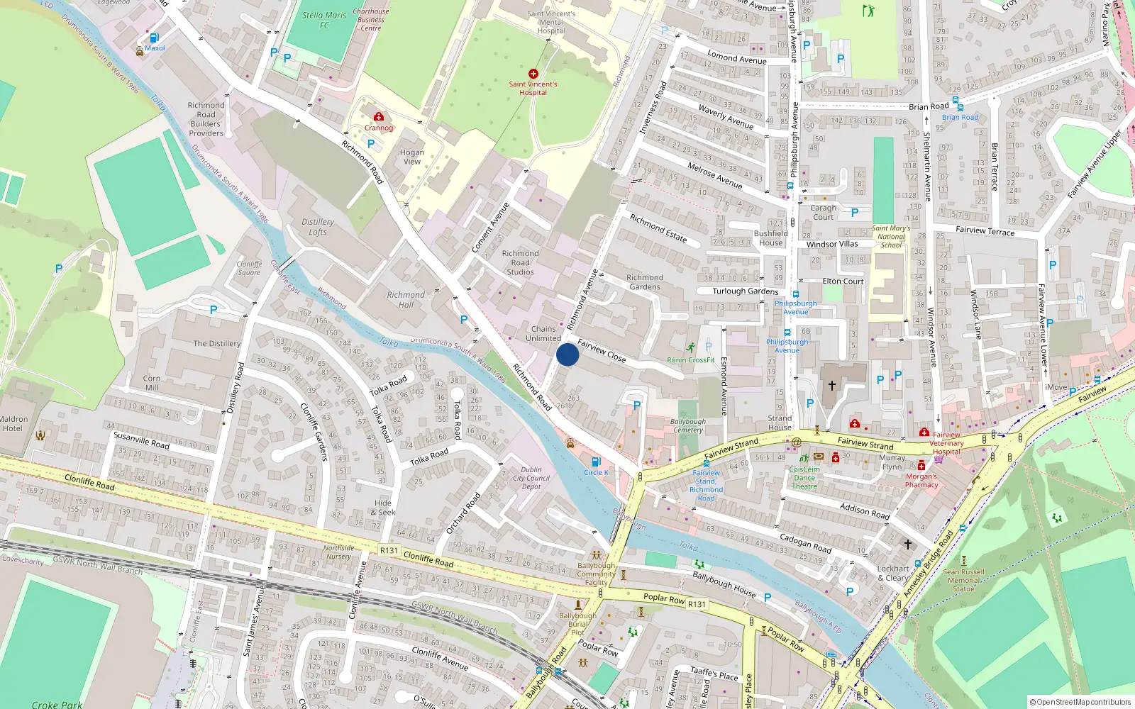 Overhead map showing the location of Block B Apt 64, Fairview Close, Richmond Avenue Dublin 3