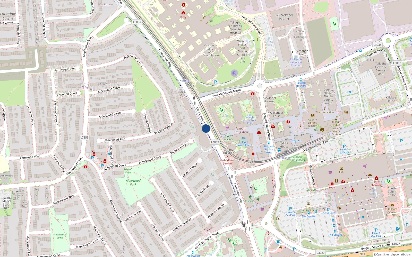 Overhead map showing the location of Cookstown Way, Tallaght