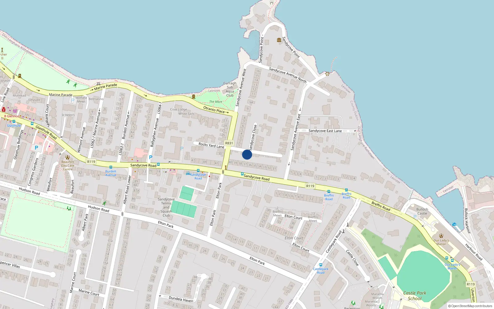 Overhead map showing the location of Sandycove Close, Sandycove